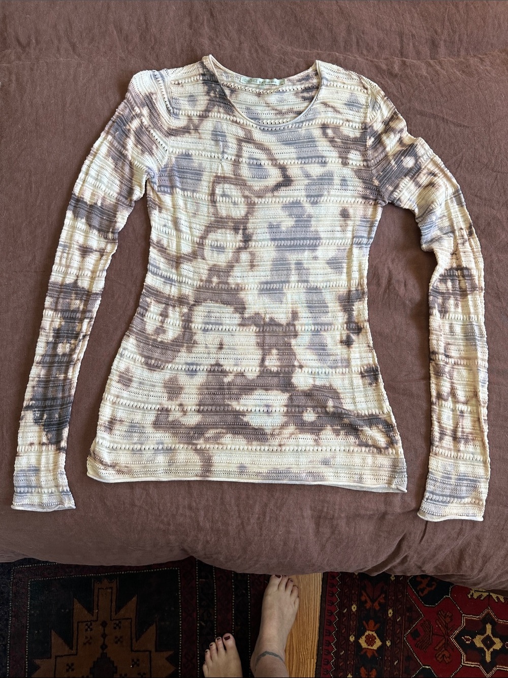 Long sheer knit tie-dyed tunic top I made. Stretchy perforated cream brown grey